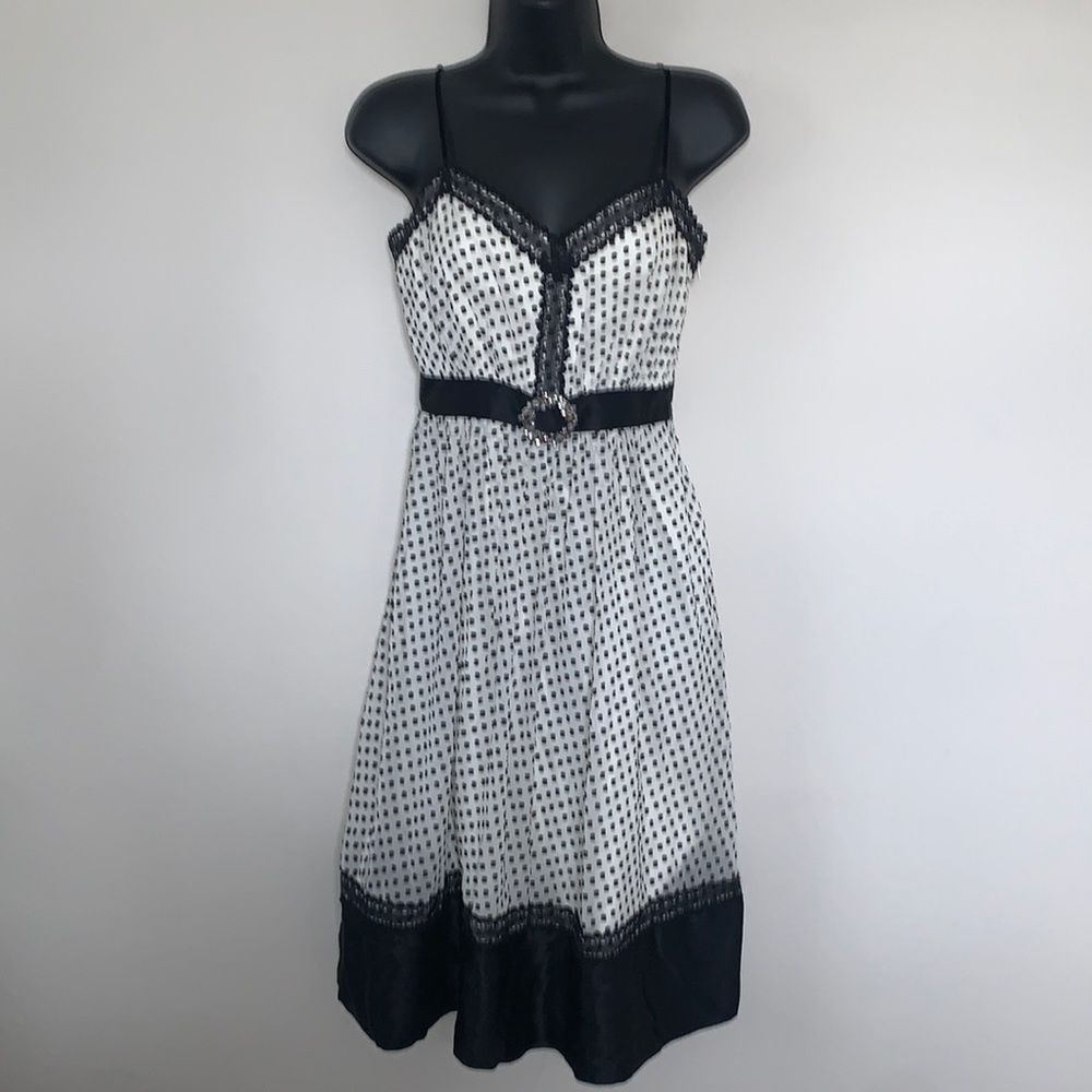 BCBG Vintage Retro Gothic Style Polka Swiss Dot Black and White Brooch Dress